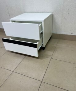 A modern-design bedside table (nightstand) made of engineered wood in white, featuring contrasting black lines. - Image 2