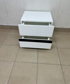 A modern-design bedside table (nightstand) made of engineered wood in white, featuring contrasting black lines. - Image 3