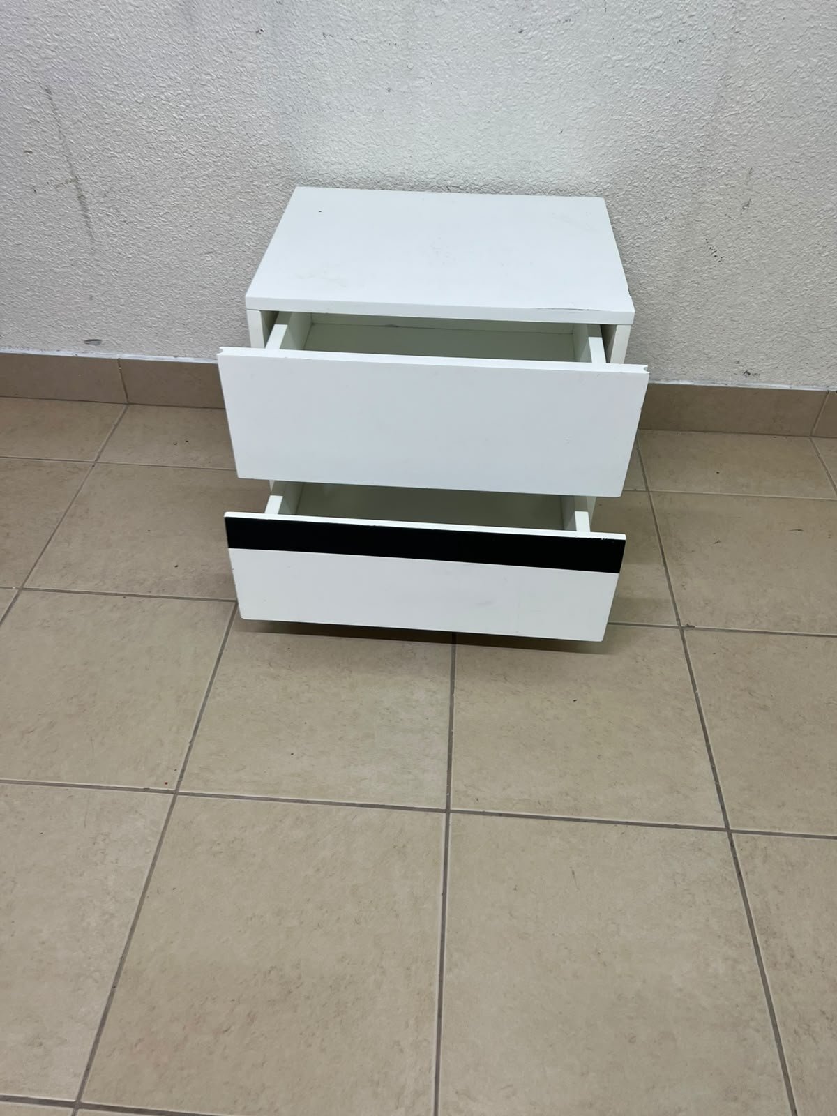 A modern-design bedside table (nightstand) made of engineered wood in white, featuring contrasting black lines. - Image 3
