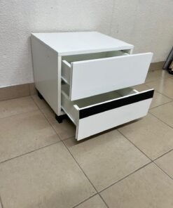 A modern-design bedside table (nightstand) made of engineered wood in white, featuring contrasting black lines. - Image 4