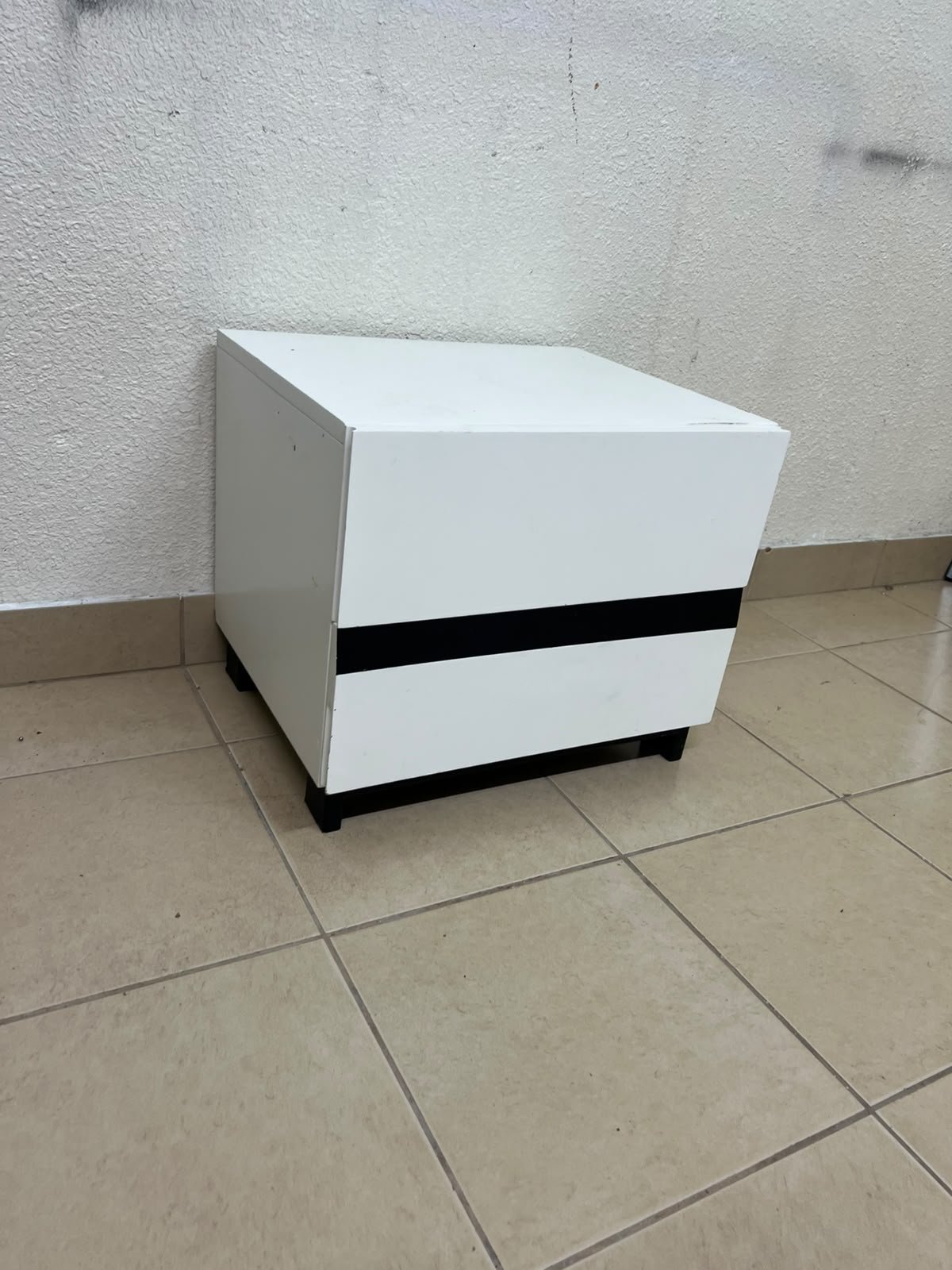 A modern-design bedside table (nightstand) made of engineered wood in white, featuring contrasting black lines. - Image 5
