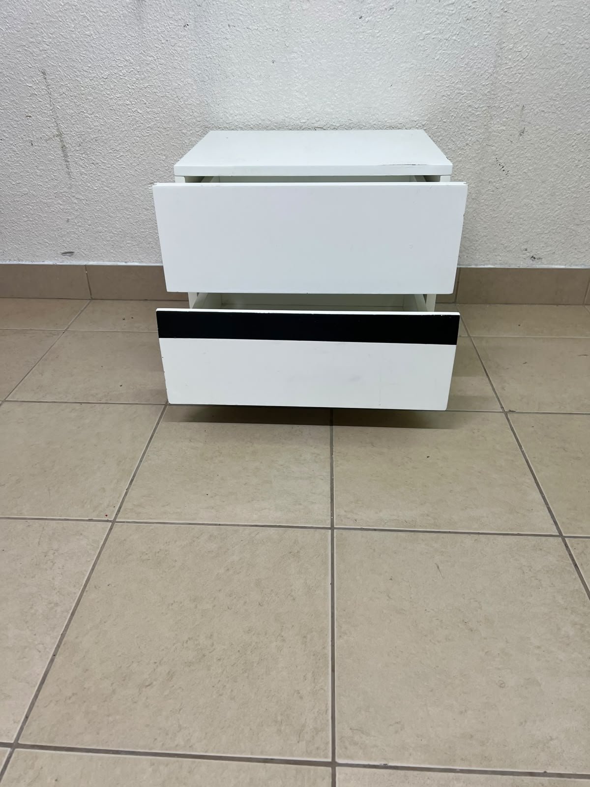 A modern-design bedside table (nightstand) made of engineered wood in white, featuring contrasting black lines. - Image 6