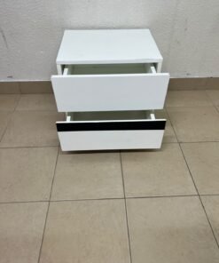A modern-design bedside table (nightstand) made of engineered wood in white, featuring contrasting black lines. - Image 7