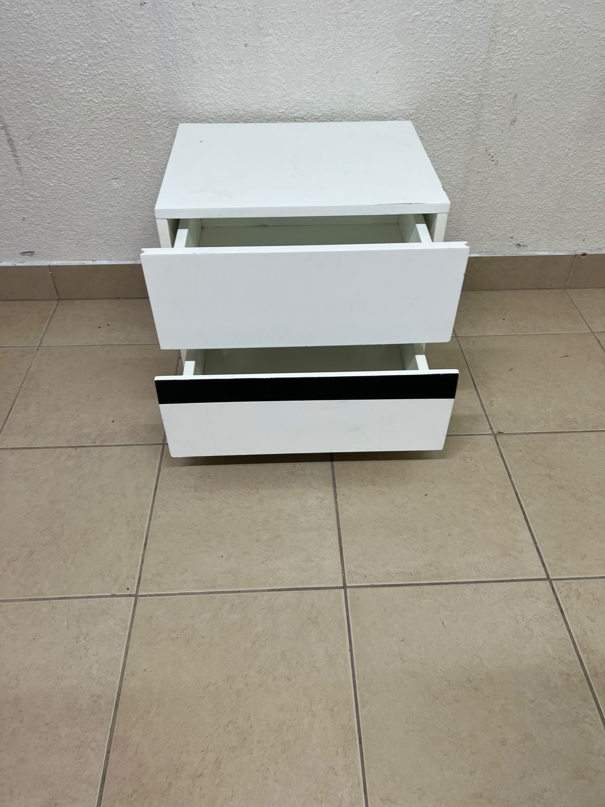 A modern-design bedside table (nightstand) made of engineered wood in white, featuring contrasting black lines. - Image 7