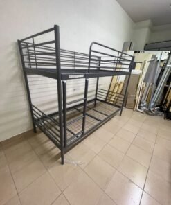 A metal bunk bed (similar to a metal bunk bed of a comparable style on Noon) featuring a solid iron frame with a built-in ladder and a mesh base.