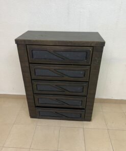 A tall, 5-drawer wooden chest featuring a dark walnut finish and a front design with raised geometric patterns. - Image 10
