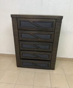 A tall, 5-drawer wooden chest featuring a dark walnut finish and a front design with raised geometric patterns. - Image 11