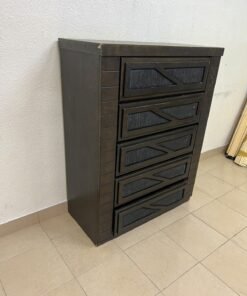 A tall, 5-drawer wooden chest featuring a dark walnut finish and a front design with raised geometric patterns. - Image 2