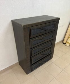 A tall, 5-drawer wooden chest featuring a dark walnut finish and a front design with raised geometric patterns. - Image 3
