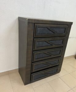 A tall, 5-drawer wooden chest featuring a dark walnut finish and a front design with raised geometric patterns. - Image 4