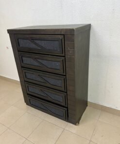 A tall, 5-drawer wooden chest featuring a dark walnut finish and a front design with raised geometric patterns. - Image 5