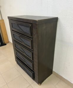A tall, 5-drawer wooden chest featuring a dark walnut finish and a front design with raised geometric patterns. - Image 6