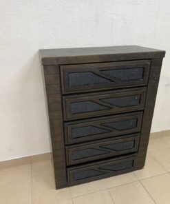 A tall, 5-drawer wooden chest featuring a dark walnut finish and a front design with raised geometric patterns. - Image 7
