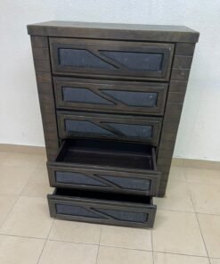 A tall, 5-drawer wooden chest featuring a dark walnut finish and a front design with raised geometric patterns.