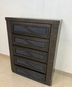 A tall, 5-drawer wooden chest featuring a dark walnut finish and a front design with raised geometric patterns. - Image 9