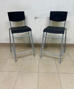 IKEA STIG bar stools, featuring a black seat and backrest with a grey metal frame.