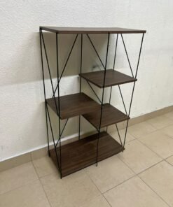 Multi-tiered open shelving units or similar industrial storage racks featuring black metal frames and walnut-colored wooden shelves. - Image 2