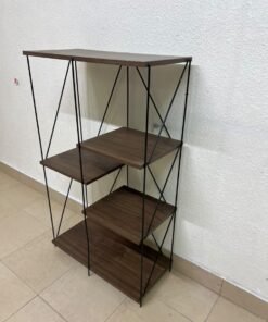 Multi-tiered open shelving units or similar industrial storage racks featuring black metal frames and walnut-colored wooden shelves. - Image 3