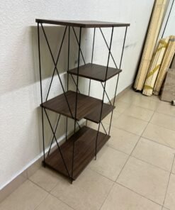 Multi-tiered open shelving units or similar industrial storage racks featuring black metal frames and walnut-colored wooden shelves. - Image 4