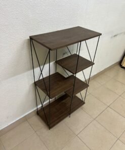 Multi-tiered open shelving units or similar industrial storage racks featuring black metal frames and walnut-colored wooden shelves. - Image 5