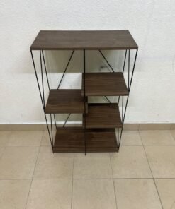 Multi-tiered open shelving units or similar industrial storage racks featuring black metal frames and walnut-colored wooden shelves. - Image 6