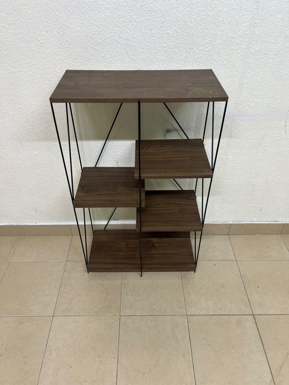 Multi-tiered open shelving units or similar industrial storage racks featuring black metal frames and walnut-colored wooden shelves. - Image 6