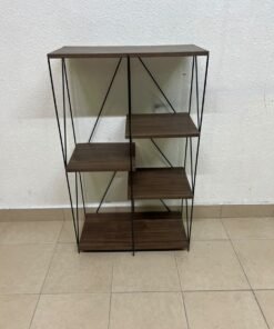 Multi-tiered open shelving units or similar industrial storage racks featuring black metal frames and walnut-colored wooden shelves. - Image 7