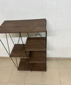 Multi-tiered open shelving units or similar industrial storage racks featuring black metal frames and walnut-colored wooden shelves. - Image 9