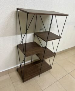 Multi-tiered open shelving units or similar industrial storage racks featuring black metal frames and walnut-colored wooden shelves. - Image 8