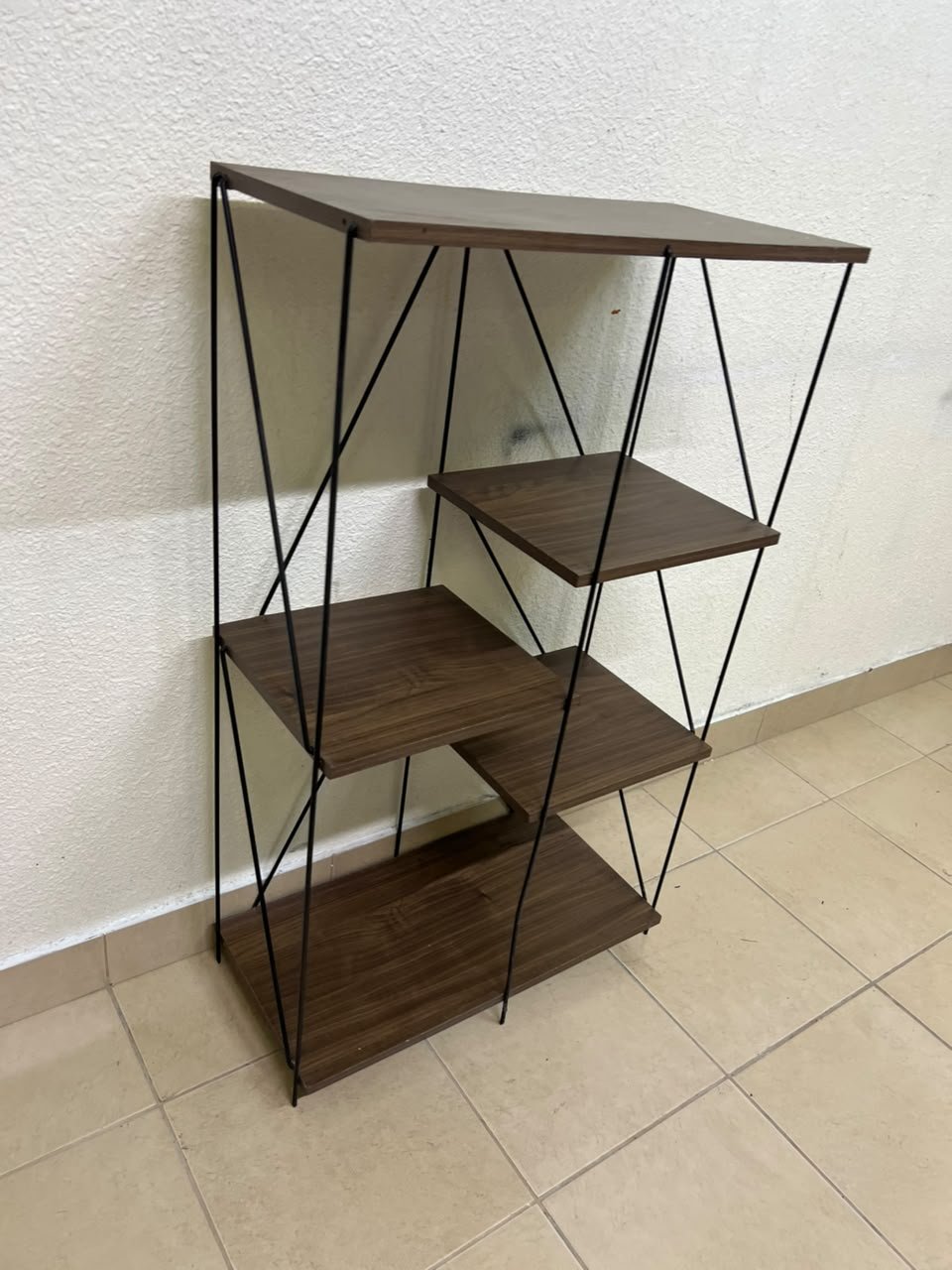 Multi-tiered open shelving units or similar industrial storage racks featuring black metal frames and walnut-colored wooden shelves. - Image 8