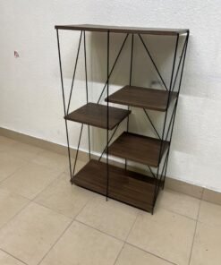 Multi-tiered open shelving units or similar industrial storage racks featuring black metal frames and walnut-colored wooden shelves.