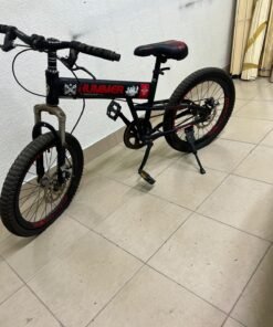 A 20-inch "Hummer"-branded mountain bike featuring a black and red color scheme; it appears to be equipped with a carbon steel or alloy frame, a front suspension system, and dual disc brakes.