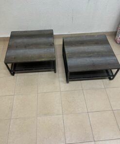 A set of two coffee tables featuring a modern industrial design; each boasts a wooden tabletop with a rustic or distressed look, a sturdy black metal frame and base, and a practical bottom shelf. - Image 3