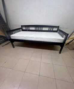 The image appears to show a dark black wooden daybed, featuring rails on three sides and a standard double size with a white mattress. - Image 4