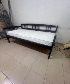 The image appears to show a dark black wooden daybed, featuring rails on three sides and a standard double size with a white mattress. - Image 5
