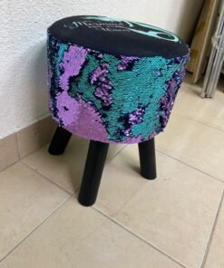 This product is a small decorative stool featuring a "mermaid" sequin design—with reversible sequins that change color—and sturdy black wooden legs. - Image 2