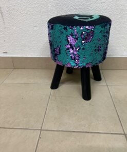 This product is a small decorative stool featuring a "mermaid" sequin design—with reversible sequins that change color—and sturdy black wooden legs. - Image 3