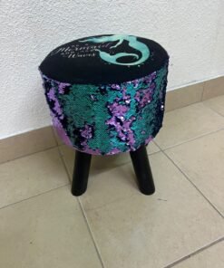 This product is a small decorative stool featuring a "mermaid" sequin design—with reversible sequins that change color—and sturdy black wooden legs. - Image 7