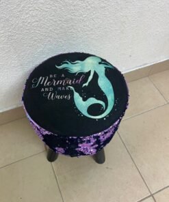 This product is a small decorative stool featuring a "mermaid" sequin design—with reversible sequins that change color—and sturdy black wooden legs. - Image 6