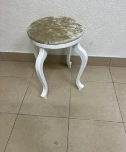 A vanity stool featuring a classic French or "Queen Anne" design, characterized by a white wooden frame with cabriole legs and a round seat upholstered in beige or light-gold velvet fabric. - Image 2