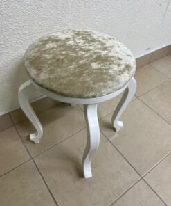 A vanity stool featuring a classic French or "Queen Anne" design, characterized by a white wooden frame with cabriole legs and a round seat upholstered in beige or light-gold velvet fabric. - Image 3