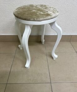 A vanity stool featuring a classic French or "Queen Anne" design, characterized by a white wooden frame with cabriole legs and a round seat upholstered in beige or light-gold velvet fabric. - Image 4