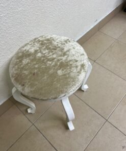 A vanity stool featuring a classic French or "Queen Anne" design, characterized by a white wooden frame with cabriole legs and a round seat upholstered in beige or light-gold velvet fabric. - Image 5