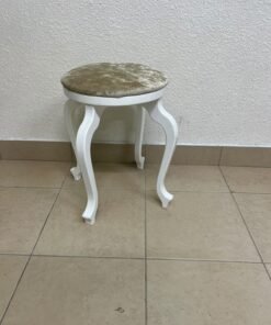 A vanity stool featuring a classic French or "Queen Anne" design, characterized by a white wooden frame with cabriole legs and a round seat upholstered in beige or light-gold velvet fabric. - Image 6