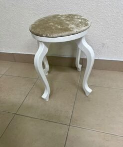 A vanity stool featuring a classic French or "Queen Anne" design, characterized by a white wooden frame with cabriole legs and a round seat upholstered in beige or light-gold velvet fabric. - Image 9