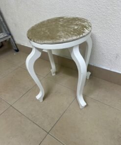 A vanity stool featuring a classic French or "Queen Anne" design, characterized by a white wooden frame with cabriole legs and a round seat upholstered in beige or light-gold velvet fabric. - Image 11