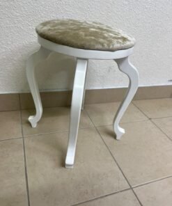 A vanity stool featuring a classic French or "Queen Anne" design, characterized by a white wooden frame with cabriole legs and a round seat upholstered in beige or light-gold velvet fabric. - Image 12