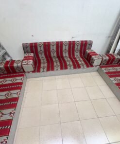 A traditional U-shaped floor seating set (Arabic *majlis*), upholstered in fabric featuring red, heritage-inspired Sadu patterns. - Image 7
