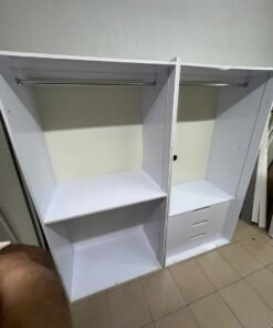 A white open wardrobe unit made of MDF, featuring shelves, drawers, and a clothes rail. - Image 8