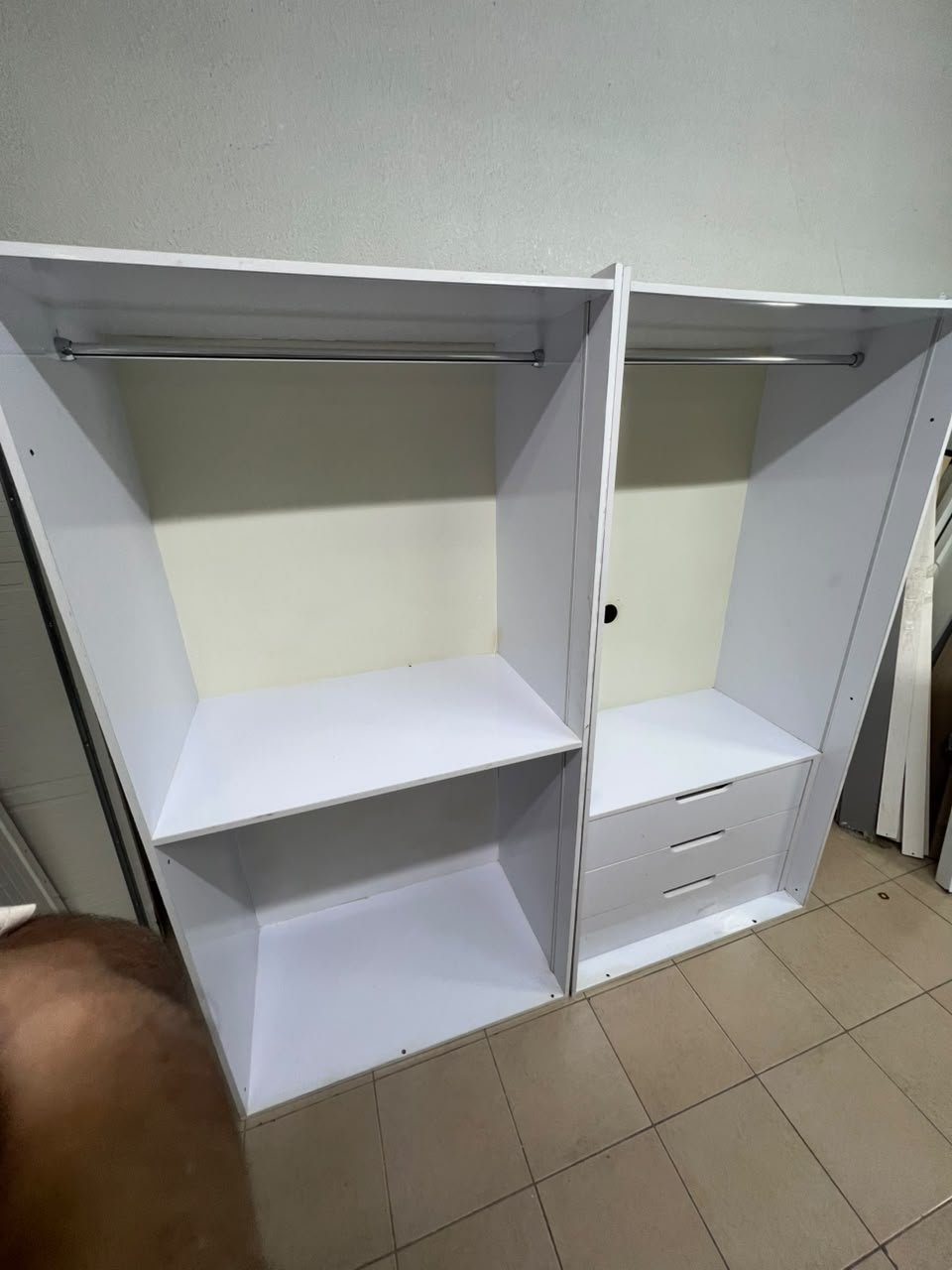 A white open wardrobe unit made of MDF, featuring shelves, drawers, and a clothes rail. - Image 8
